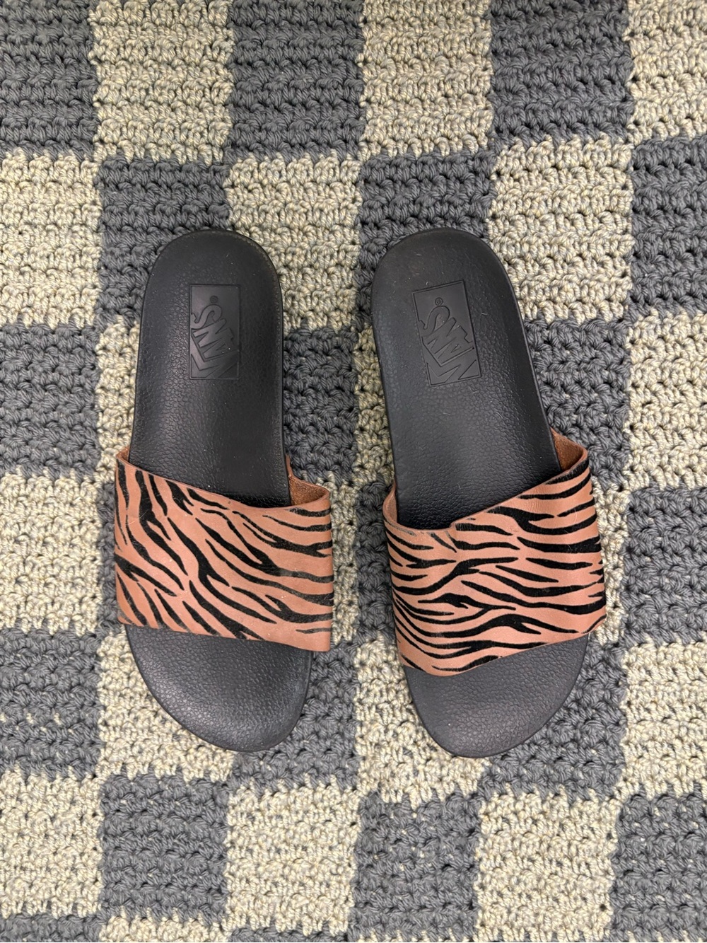 Vans Women's Black Footbed Slide with Brown Tiger-Print Strap